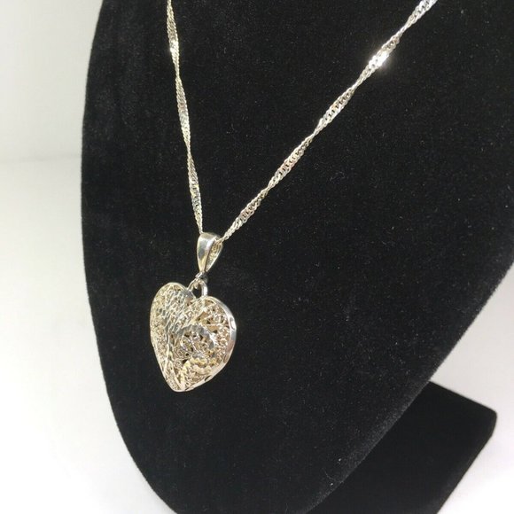 Sterling Silver Ornate Heart Necklace Twist Chain - Picture 4 of 12